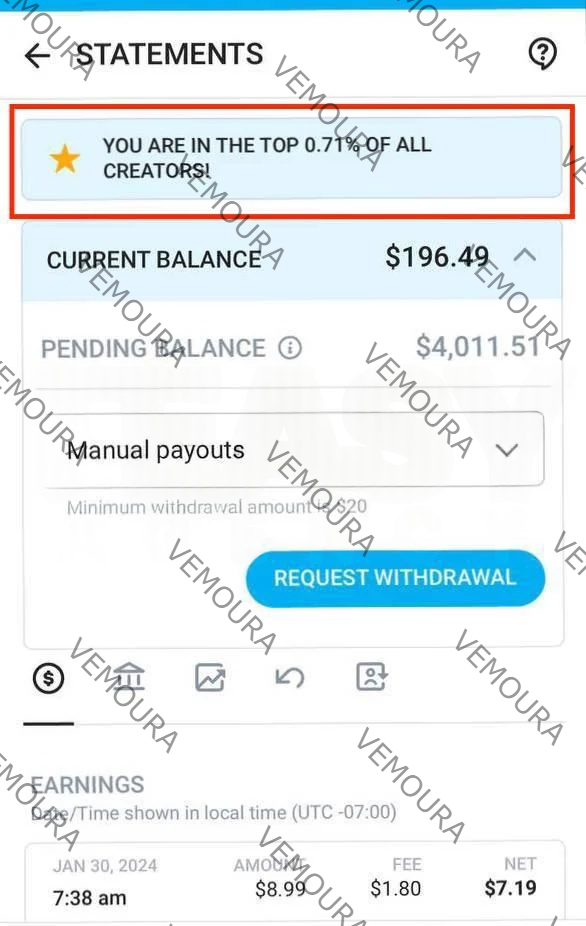 OnlyFans creator earnings screenshot showing revenue growth with Vemoura agency